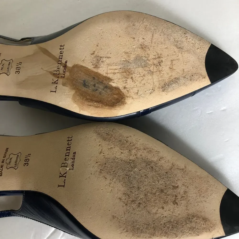 L.K. Bennett Shoe Sling Back Kitten Heel Cut Out Pointed Toe Navy Blue Chic 38.5